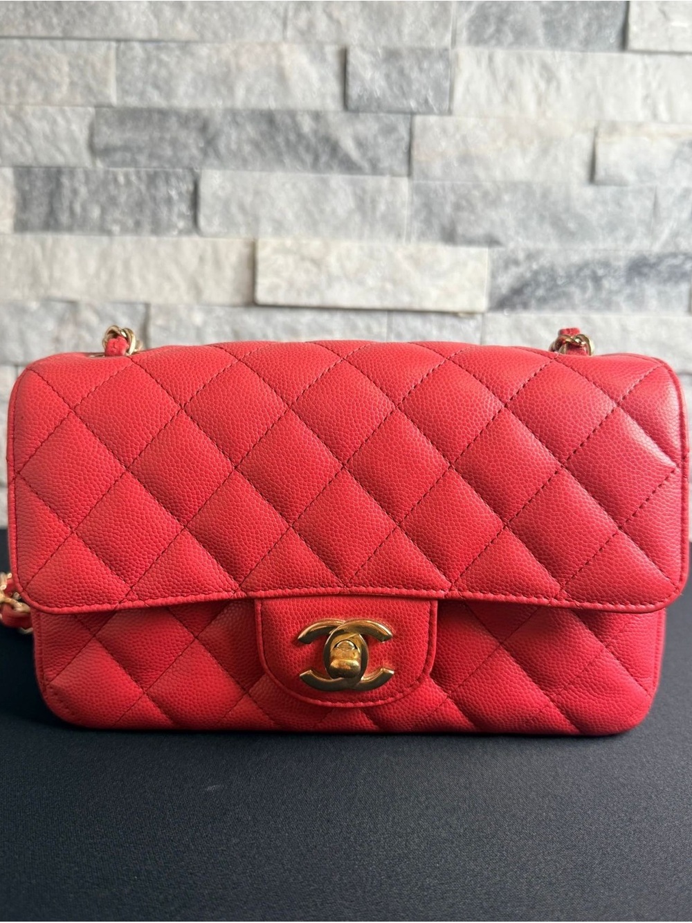 CHANEL Red Quilted Leather Shoulder Bag with Gold Hardware